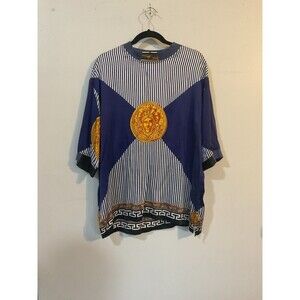 Vintage Monzini Collection 100% Silk Shirt M Medium Blue White Stripe Baroque